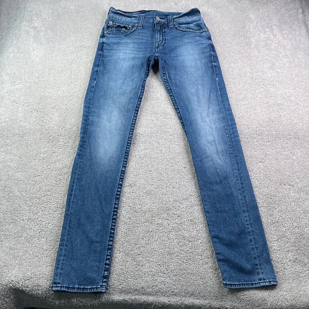 True Religion Jeans Mens 30x34 Blue Skinny Flap Pockets Big T Stretch Denim
